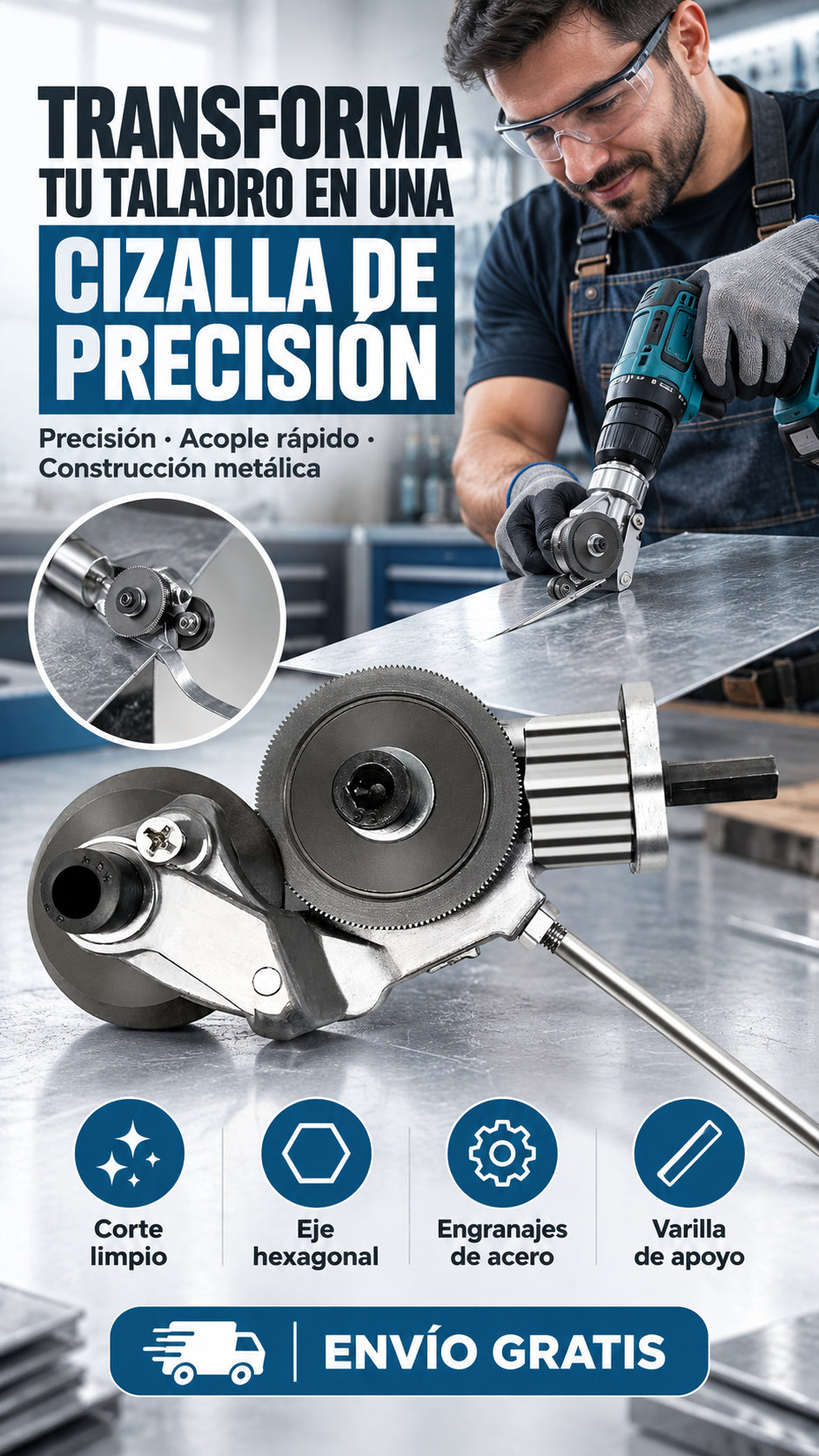 Recortador de Metal acoplado a un taladro en un taller