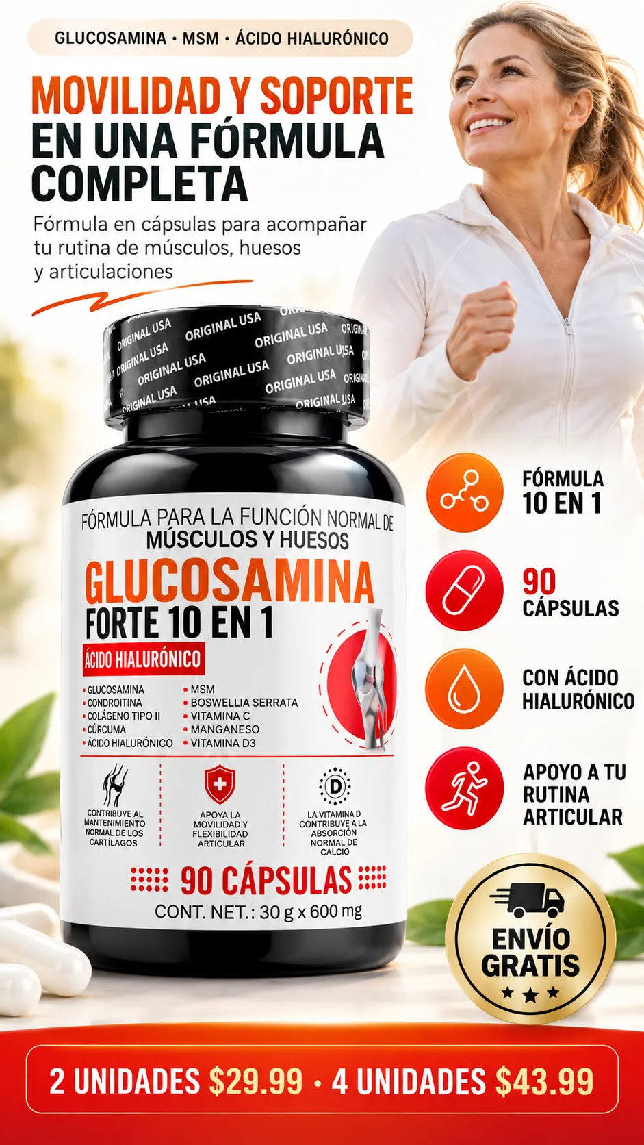 Glucosamina Forte 10 en 1, suplemento de 90 cápsulas
