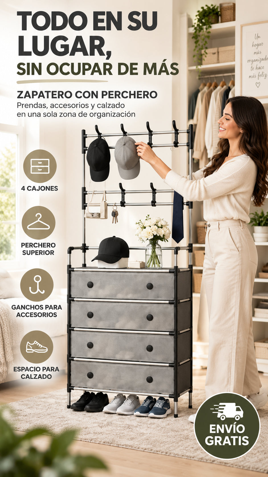 Zapatero con Perchero para organizar ropa, accesorios y calzado